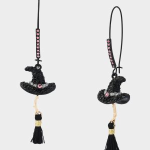 WITCH HAT BROOM SHEPHERD HOOK EARRING PINK
